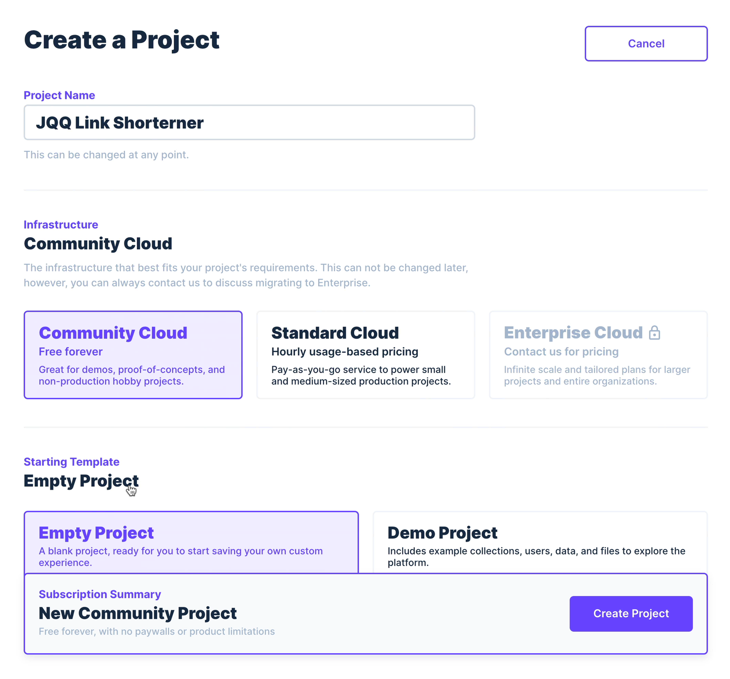 Create new project in Directus